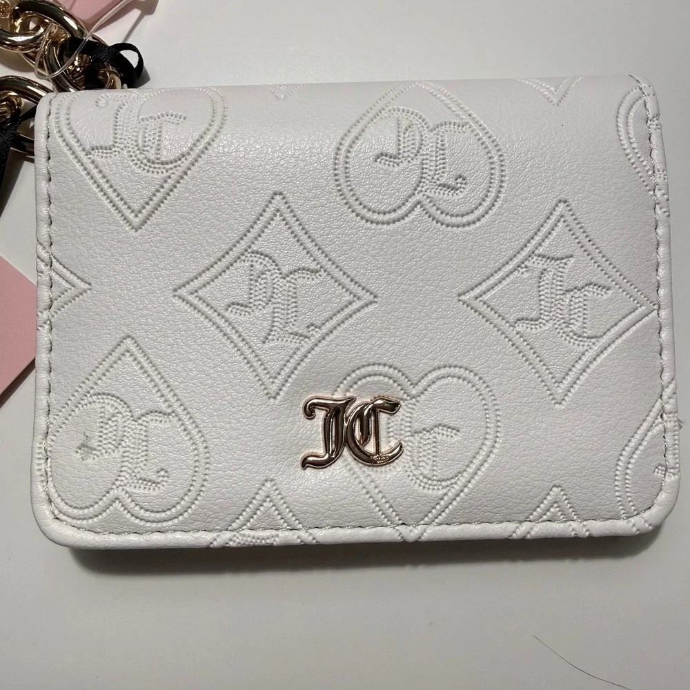 Juicy Couture White Heart Debossed Card Case Wallet Key Fob Gold Chain NWT Y2K